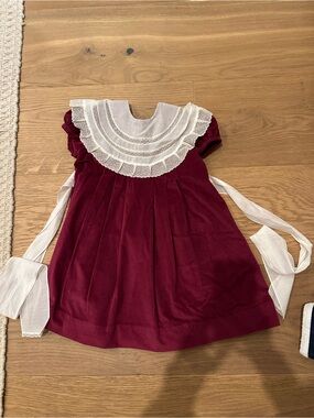Sal & Pimenta girls Burgundy Dress with White Lace Bib - Special Occasion